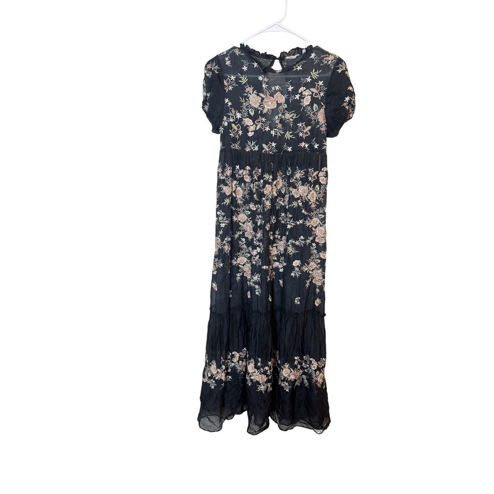 Anthropologie Embroidered Floral Dress Womens XS Black Maxi Tiered Chiffon